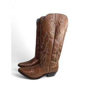 Laredo Womens Boots Size 10 Medium Cowgirl Boots Tan Full Zip Cloth Lined Rivet